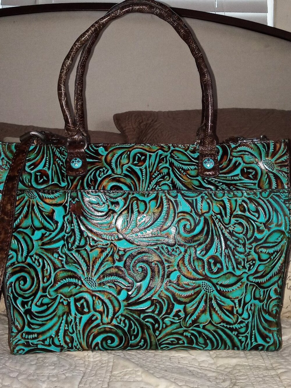 Patricia Nash Turquoise Brown Tooled Leather Satchel Crossbody Bag